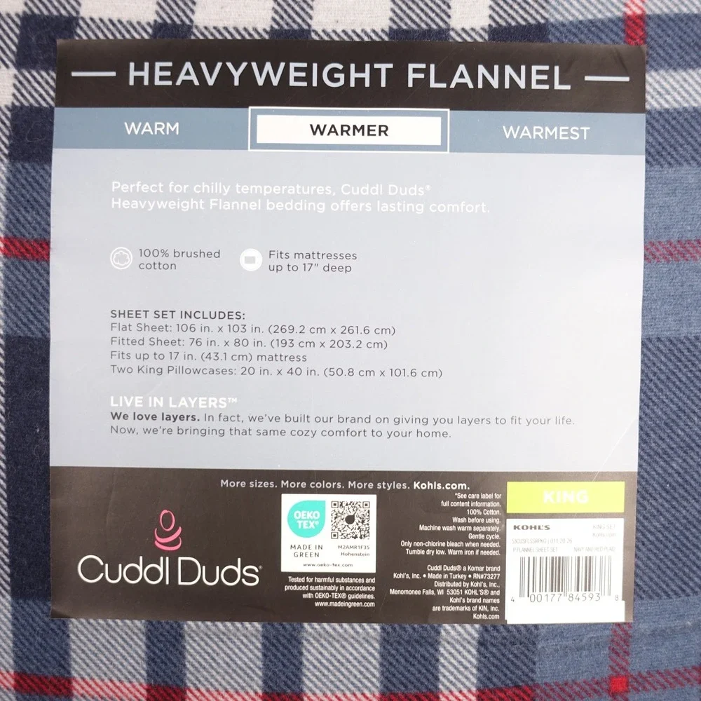 Cuddl Duds King Sheet Set Heavyweight Flannel Navy Red Plaid 100% Cotton NEW